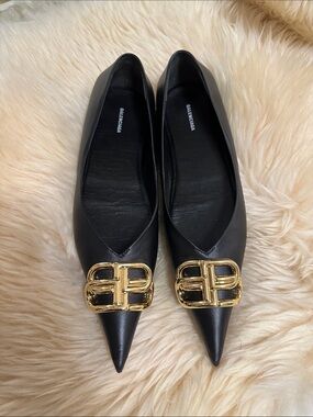 Balenciaga Black Pointed Flats with Gold BB Buckle